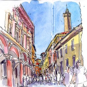 Stage carnet de voyage à Bologne, Italie. Aquarelle, dessin et croquis sur le vif
