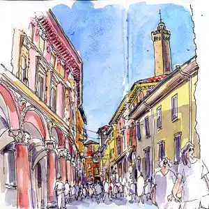 Stage carnet de voyage à Bologne, Italie. Aquarelle, dessin et croquis sur le vif