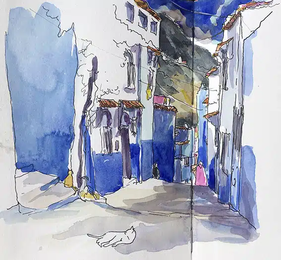 Stage Carnet de voyage à Chefchaouen, Maroc. Aquarelle et dessin