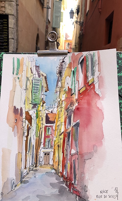 Stage carnet de voyage à Nice, dessin et aquarelle. Croquis urbain in situ