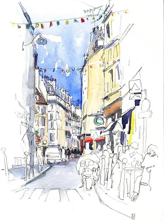 Stage de croquis urbain in situ à Paris, dessin et aquarelle sur le vif