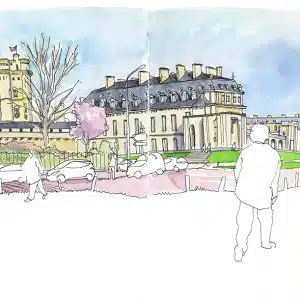 Stage de croquis urbain in situ à Paris, aquarelle et dessin sur le vif