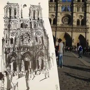 Stage de croquis urbain in situ à Paris, animer un monument avec style, Notre-Dame de Paris, dessin et aquarelle sur le vif