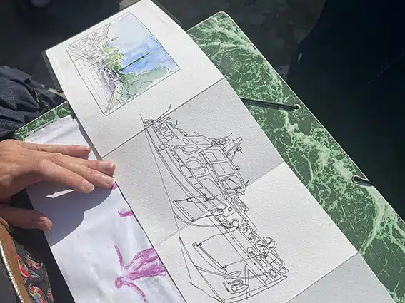 Stage de croquis urbain à Paris, bassin de l'Arsenal, dessin et aquarelle sur le vif