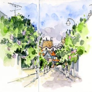 Stage de croquis urbain in situ à la Butte aux Cailles, Paris. Reportage desinée, dessin et aquarelle sur le vif.