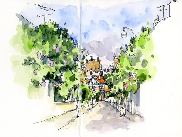 Stage de croquis urbain in situ à la Butte aux Cailles, Paris. Reportage desinée, dessin et aquarelle sur le vif.