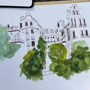 Stage de croquis urbain à Paris, coulée verte, dessin et aquarelle sur le vif