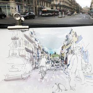 Croquis urbain in situ à Paris, la perspective
